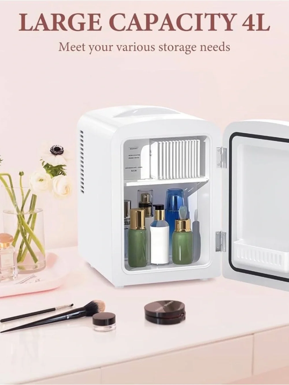 White Mini Skincare Fridge with Brushed Silver Door